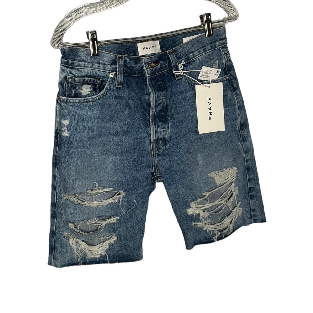 Frame Le Slouch Bermuda Riverrun Distressed High Rise Denim Jean Shorts Size 25 - Picture 4 of 8